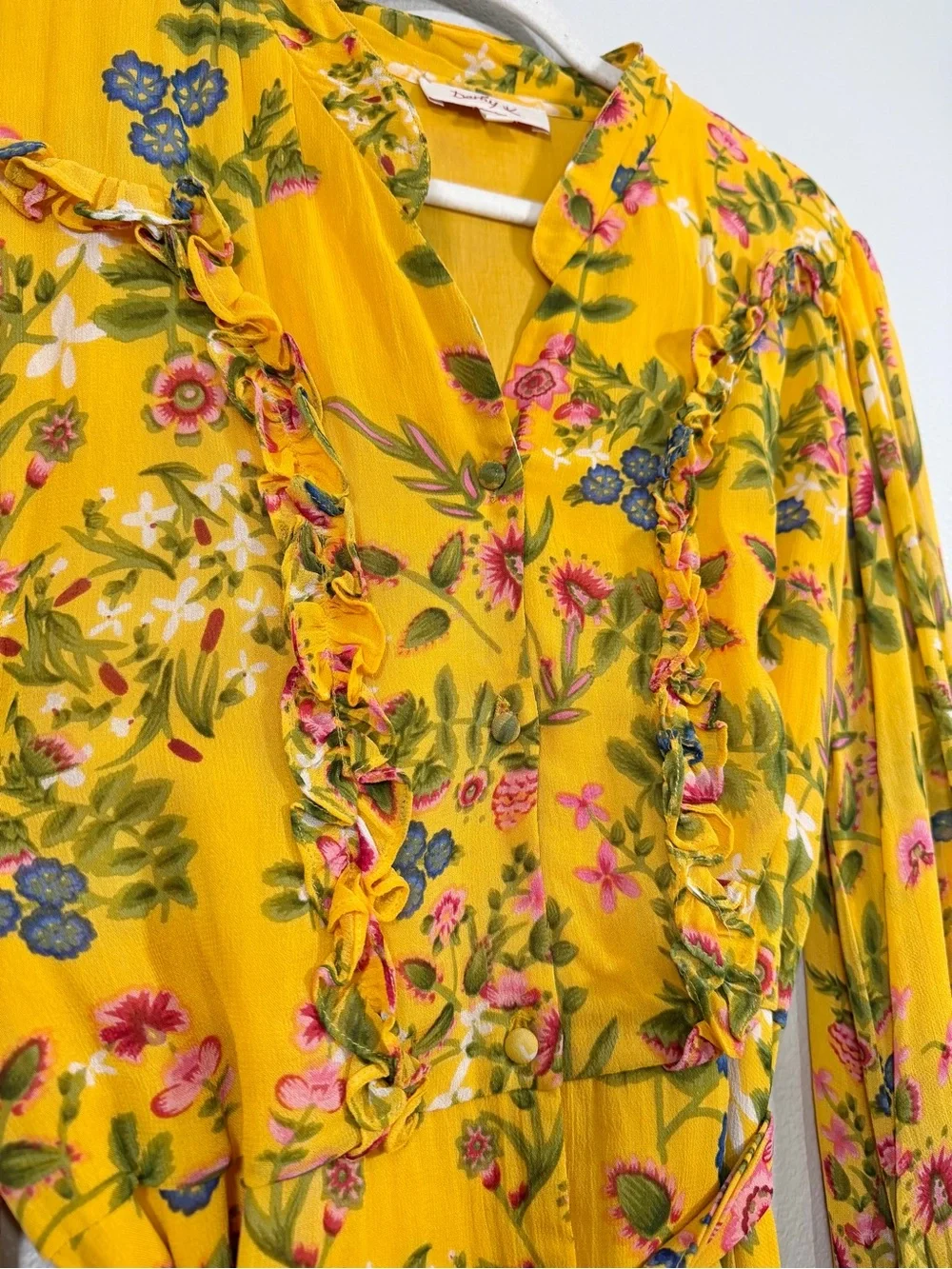 Rene Derhy Dress Yellow Pink Floral Maxi Button Down Flowy Tie Belt Women L - Picture 4 of 8